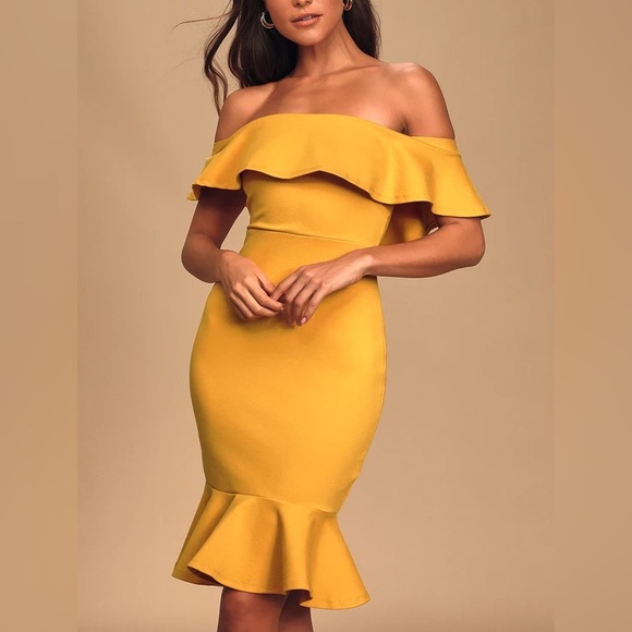 Lulus Confidence Boost Mustard Yellow Off-the-Shoulder Bodycon Dress Size S NWT - Picture 5 of 14